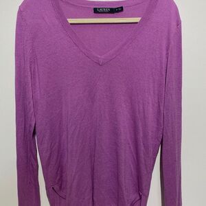 Lauren Ralph Lauren Women's Purple V Neck Asymmetrical Hem Sweater Size Medium